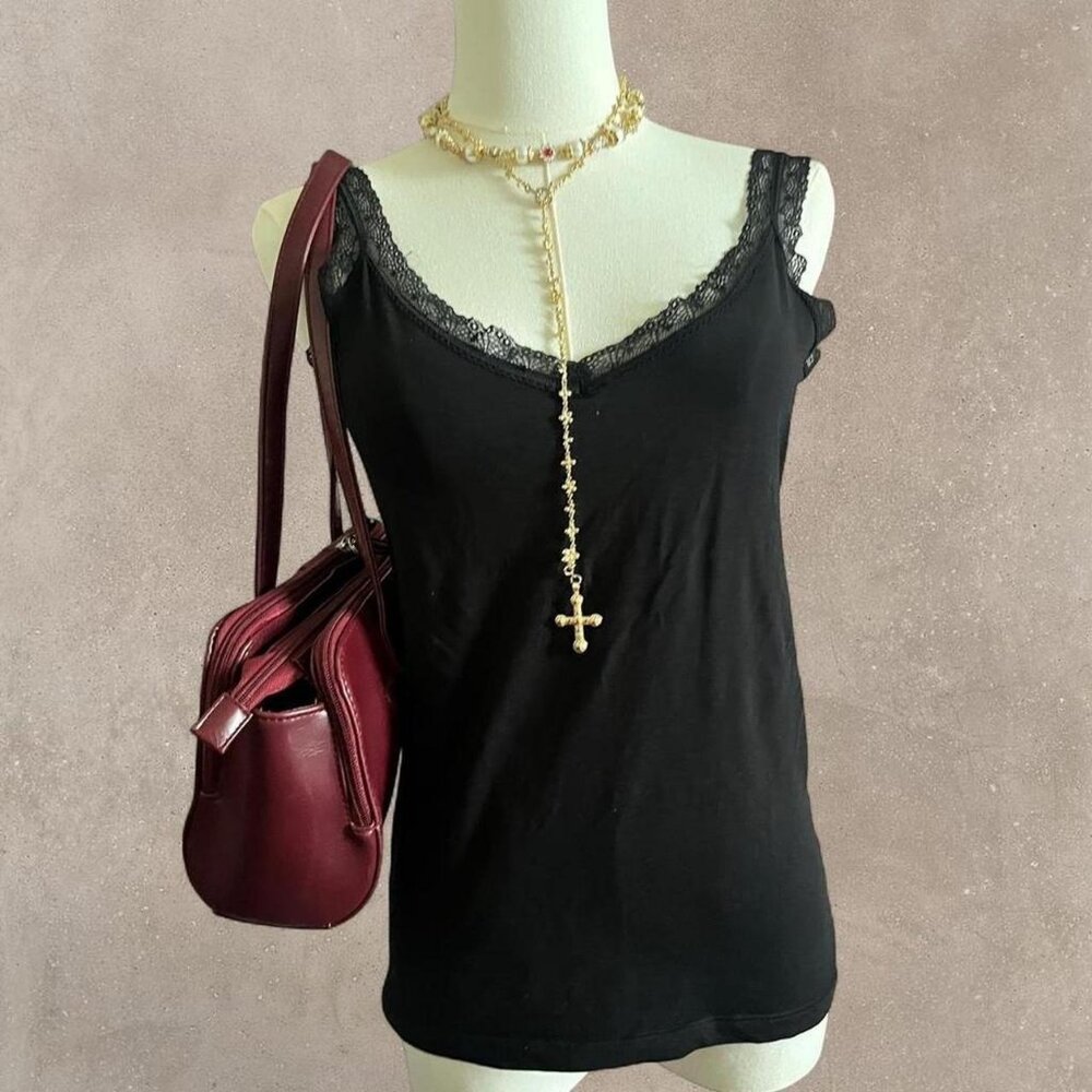 Love to Lounge 95% Cotton Black Lace Tank Top